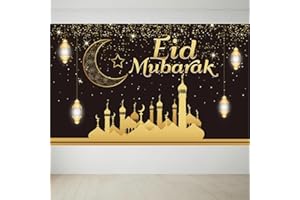 Junhui Ramadan Eid Backdrop Striscione di Sfondo, Decorazioni Banner Ramadan Mubarak, Eid Mubarak Decorazioni, Oro Nero Eid Mubarak Photo Booth Sfondo Banner, 180 * 110cm