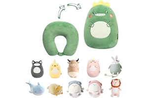 JOYRAVO Podróżna Poduszka 2-w-1 dla Dzieci - Miękka Pluszowa Zabawka, zmienia się w Poduszkę U dla Komfortu podczas Podróży (samolot, samochód, pociąg, autobus) - Dinozaur