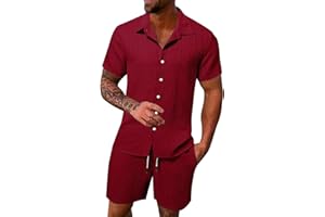 DFEK Mens Cotton Linen Shirt and Shorts Sets UK Tracksuit Set Summer Co Ord Set Short Sleeve Button Down Shirts & Shorts with Pockets 2 Piece Outfits Vacation Beach Suits
