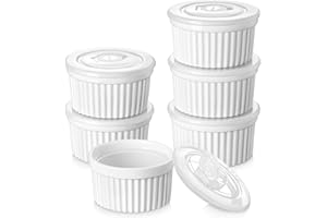 vancasso Ramequins avec Couvercles Lot, 6 X 260 ML Ramequins et Moules à Soufflés en Porcelaine, Ramequin Creme Brulee pour Muffin et Gâteau, Ramequin Four à Crème, Sauce, Fruit, Ø10.1 CM - Blanc