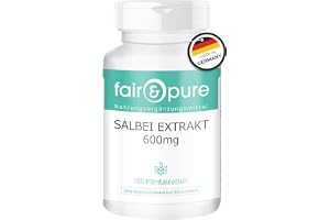 Fair & Pure salviaextrakt-tabletter, 180 stycken, 6000mg per tablett, salviaextrakt 10:1, lätta att svälja, veganskt kosttillskott utan tillsatser, tillverkat i Tyskland