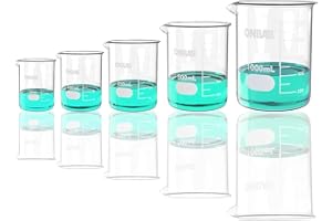 ONiLAB Set di bicchieri di misura in vetro 50ml 100ml 250ml 500ml 1000ml (Confezione da 5) 3.3 Boro Griffin a forma bassa con graduazione stampata Vetreria scientifica per laboratori