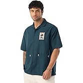 The Souled Store Beach Vibes Men and Boys Short Sleeve Cuban Collar Button Front Blue Embellished Cotton Linen Oversized Shir
