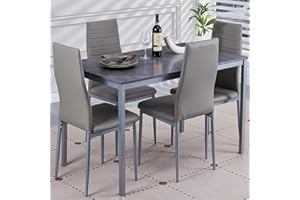 DZOVAD Grey Dining Table and Chairs Set 4, Modern MDF Dining Table and 4 Faux Leather Chairs, 5 Piece Set