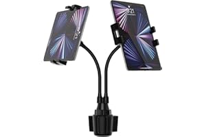 woleyi Soporte Tablet Portavasos Coche, Soporte Tablet Taza Coche con Brazos Dobles de Cuello de Cisne y Abrazaderas, para iPad Pro Air Mini, Galaxy Tabs, iPhone, Móvil y Tabletas de 4-12.9"