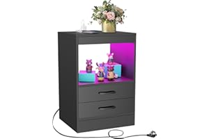PIPIPOXER Nachttisch mit Steckdose & USB, Nachttisch Schwarz Nachtschrank Hochglanz Nachtkommode 2 Schubladen mit Led 16 Farben Beleuchtung Beistelltisch für Schlafzimmer, Wohnzimmer, 40x60x35cm
