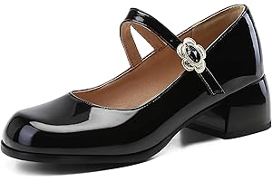 Lizoleor Mary Jane Talons Chunky Bout Carré Cuir Verni Femmes Chaussures