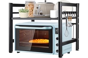‎KAMIYA Kamiya 2-stufiges Erweiterbares Mikrowellen Regal, Ausziehbar von 40-64cm, Mikrowellenständer mit 6 Haken, Kitchen Organizer, Schwarz