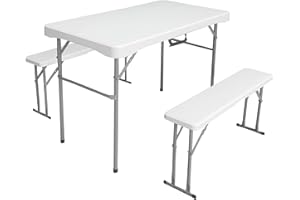 KG KITGARDEN - Set de Pique-Nique Pliable + 2 bancs, 113 x 62 x 71 cm, Blanc - Folding Picnic