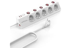 AFEXOA 5 Fach Steckdosenleiste mit USB Einzeln Schaltbar, Weiße Mehrfachsteckdose (3680W/16A) mit 2 USB-C und 2 USB-A, Schnelllade, Überspannungsschutz Steckerleiste mit Kindersicherung für Homeoffice
