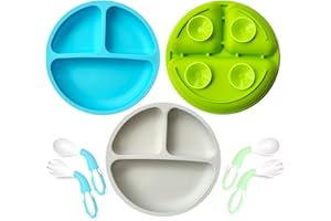 RHSHANLICUN Assiette bébé avec ventouse,Assiette enfant en silicone avec cuillère fourchette sans BPA,Assiette enfant antidérapante Toddler avec séparateur,Set de vaisselle enfant pour (Bleu/Vert/Gris)