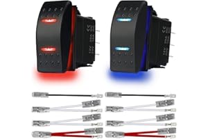 MKBKLLJY 2Pcs Blue/Red LED Light Automatic Lock Rocker Switch Toggle On/Off/On 3 Position Waterproof DC 12V/20A 24V/10A 7Pin DPDT,with Jumper Wires Sets for Marine Boat Truck Car Caravan RV SUV ATV