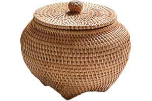 S-JIANG Scatola rotonda in rattan, cesto di frutta in vimini con coperchio, cestino per il pane, cestino per il pane