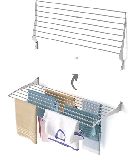 Sonhomay Séchoir à Linge Mural Pliable - 5 Tiges Et 4 Crochets - Charge Jusqu'à 25 Kg - Parfait Pour Appartements, Balcons, Dortoirs Et Salles De Bain