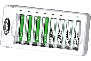 Granicell Rechargeable Battery with Charger, 8 Pcs of 1100mAh Low Self-Discharge AAA Batteries with 8-Compartment AA AAA Smart Battery Charger for Ni-MH Ni-CD Batteries, Individual Slots.