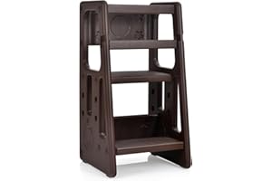 COSTWAY Wieża edukacyjna z 2 stopniami regulacji wysokości, wieża edukacyjna z poręczą ochronną, krzesło do nauki, pomocnik kuchenny dla dzieci w wieku 18-60 miesięcy (brązowa)