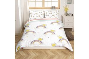 LOUSSIESD Zestaw pościeli dla dziewczynek i dzieci, 200 x 200 cm, tęcze, słońce, zestaw pościeli, dekoracyjne, dwustronne, z mikrofibry, poliestrowe paski, biała pościel, podwójny rozmiar, poszewka na kołdrę z