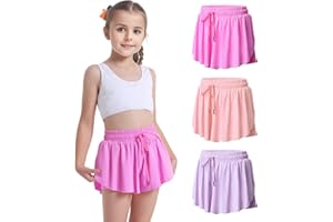 FREENFOND 3 Pack Girls Flowy Shorts 2 in 1 Butterfly Skirt Shorts with Pockets for Dance School Wear Running Gym Fitness Sleep