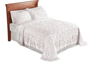 Collections Etc Elegant Victoria Plush Chenille Bedspread with Fringe Border and Ring Design, Ivory, Queen