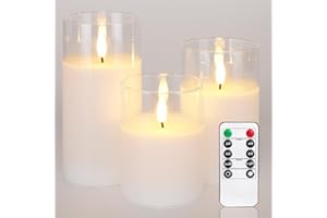 Homemory White Glass Flameless Candles Flickering, Battery Operated LED Pillar Candles with Remote Control and Timer, Fake Electric Candles, Real Wax, 3D Wick, D3 xH4 5" 6", Set of 3