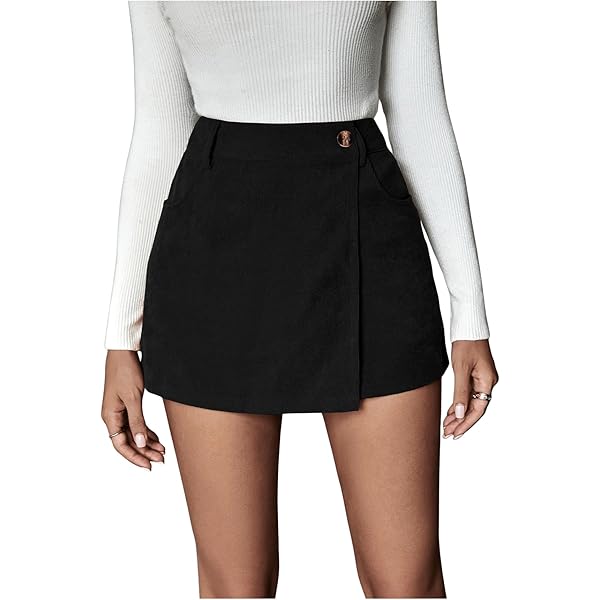 SOLY HUX Damesbroekrok Mini Rok Corduroy A-lijn rok kort winter cordrock skort hoge taille shorts wikkelrok casual rok partyrok, zwart, S