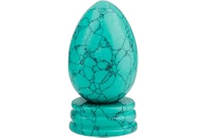Nupuyai 4.5cm Turquoise Howlite Vert Pierre de Cristal en Forme d'oeuf avec Support, œuf decoratif en Pierre Semi-précieuse Polie pour Décor de Bureau et Chakra Reiki