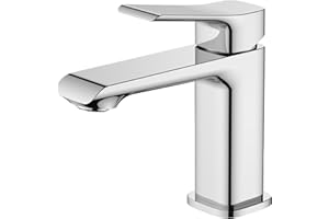 BELZ Basin Mixer Tap, Solid Brass Bathroom Sink Tap with Drip-Free Ceramic Cartridge and G1/2" Hoses, Single Lever Hot & Cold Mixer, Chrome – Size: Height 140mm