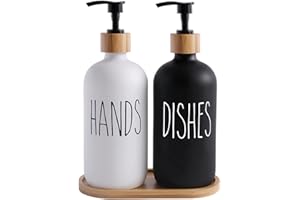 ‎BIKALAN Glas Seifenspender Set, BIKALAN 475ml Seifenspender Schwarz-Weiß Badezimmer Set mit Tablett, Shampoo Lotion Handseifenspender für Küche Arbeitsplatte