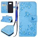 FESELE Glitzer Blume Schutzhülle für [Samsung Galaxy S8 Plus] Schmetterling Kristall Glitzer Diamant Strass Butterfly Brieftasche Hülle Leder Tasche Flip Handyhülle mit Magnetverschluss, Samsung Galaxy S8 Plus Luxus Shiny Glanz Sparkle Glänzend Wallet Case Kartenfach Ledertasche Leder-Mappen-Karten-Slot-Abdeckung mit Standfunktion für Samsung Galaxy S8 Plus + Blau Eingabestift Stylus Touch Pen-Butterfly,Blau