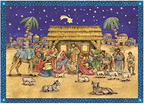 Download Large Advent Calendar 24 doors 355 x 260 mm - Nativity in front of stable - with glitter and translucent windows bible verses behind doors - RS 70106 - traditional antique German Design
