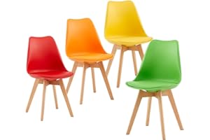 EGGREE Zestaw 4 skandynawskich krzeseł do jadalni, krzesło kuchenne, tapicerowane krzesło kuchenne, krzesło biurowe w stylu retro z nogami z litego drewna bukowego, żółte + czerwone, zielone i
