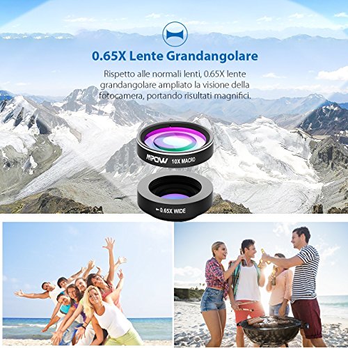 Lenti Smartphone Mpow 3 in 1 Lenti Kit Clip-On Lente Fisheye Suprema 180 Gradi + Lente Grandangolo 0.65X + Lente Macro 10X, Obiettivi Cellulari per iPhone 6s / 6s Plus, iPhone 6 / 6 Plus, Samsung Galaxy S6 Edge+ / S6 Edge / S6 / S5 / S4 / S3 HTC, Sony Xperia, Huawei ed altri Smartphone