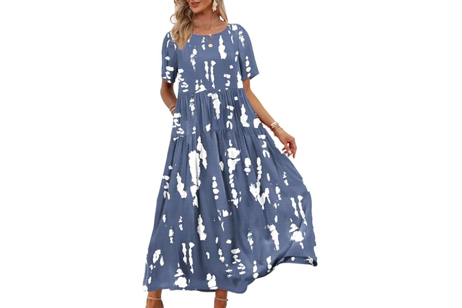 YESNO Women Dresses Casual Plus Size Bohemian Short Sleeve Floral Long Maxi Summer Beach Swing Dress/Pockets EJFUK