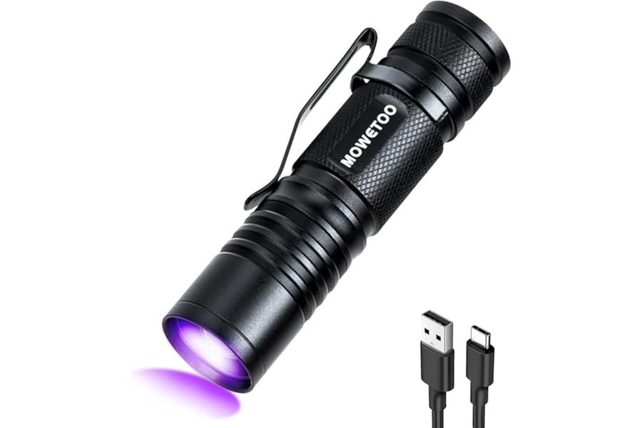 MOWETOO UV Torch Rechargeable - Mini LED UV Lamp Black Light Flashlight, 395nm Zoomable Ultraviolet Light Torch for Pet Urine Testing, Banknote Inspection