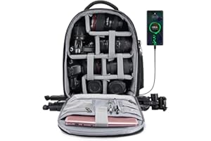 Cwatcun Camera Backpack Professional DSLR Bag with USB Charging Port Rain Cover, Photography Laptop Backpack for Women Men Waterproof, Camera Case Compatible for Sony Canon Nikon Lens Tripod (Black)