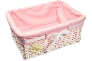 Woodluv Large Rectangular White Willow Wicker Hamper Storage Basket-With Pink Dot Linning (Gift Hamper Basket)