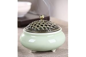 IEASEY Vintage Keramik Räuchergefäß Weihrauchbrenner Räucherstäbchenhalter Halter Rund Chinesisch Porzellan Räucherschale mit Metall Deckel und Feuerfeste für Home Wohnzimmer Meditationsraum Office