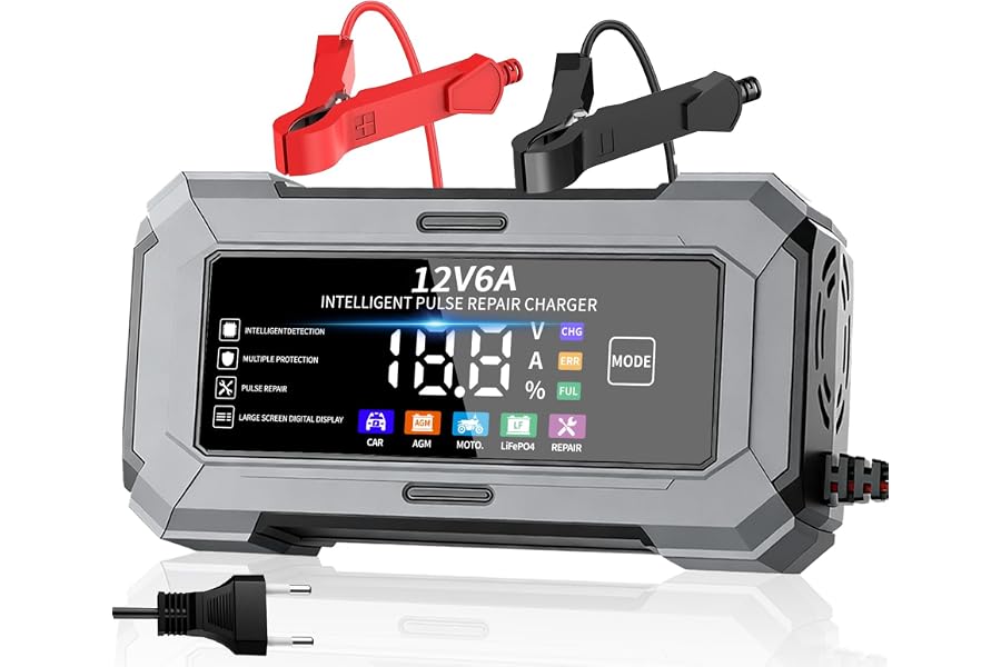 TANYO Cargador de Baterias de Coche, 12V 6A, Inteligente Reparación | Carga Rápida,10 Protecciones, Pantalla LCD, Compen