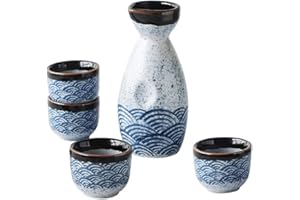 Housoutil Service De Tasses À Saké en Céramique Japonaise 4 Tasses 20 ML Et 1 Pot 180 ML Design Ondes pour Réceptions Familiales Et Décoration Intérieure