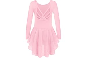 Arshiner Vêtements de Ballet Filles 2-10 Ans Robe de Ballet à Manches Longues Robe de Danse de Ballet pour Enfants Dos Nu Costume de Ballet en Coton Corps de Danse avec Jupe de Ballet Tutu