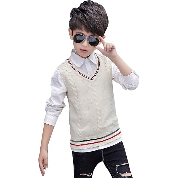 Gilet Sans Manches Garçon - Col V, Motifs Géométriques - Coton Mélangé - Taille 90 à 130 Cm - 12
