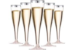 LATERN 50 Pezzi Flute da Champagne con Bordo in Argento, 150ml Bicchieri da Champagne in Plastica Bicchieri da Vino con Gambo Riutilizzabili per Anniversario Matrimonio Giardino Feste (5 x 17cm)