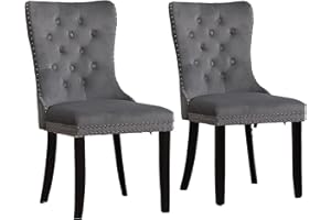 Neo 2X Upholstered High Back Studded Crushed Velvet Dining Kitchen Bedroom Chair Button Studded Tufted Ring Knocker Armchair Chairs Wooden Legs (Dark Grey)