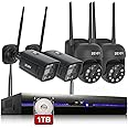 REIGY 3MP WIFI CCTV Camera System with Floodlight and 1TB Hard Drive, Outdoor Security Cameras Set 8CH NVR+4x 1296P IP Cam(2 PT) With 2-Way Audio,Remote View, Color Night Vision,Motion Detection Black