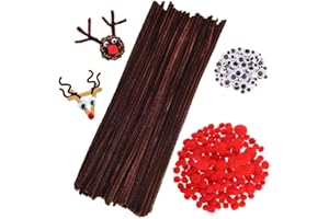 KIMMAX Pfeifenputzer Rentier Bastelset - 100 Pfeifenreiniger Braun 100 Rote Pom Poms und 100 Wackelaugen für Deko und Weihnachten Rentieren Bastelzubehör (Braunes Rentier Bastelset)