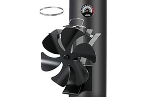 TOMERSUN Ofenventilator, 6 Blätter Magnetisch Ofen Ventilator mit Thermometer, 3 in 1 Kaminventilator Leiser Betrieb, Hitzebetrieben Kamin Ventilator Ohne Strom für Holz/Holzbrenner/Kamin mit 1Stk Ersatzring