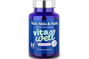 Vitawell Hair Skin & Nails Gummies | Support for Hair Growth + Skin + Nails Vitamins Chews | Complex Formula Biotin, Zinc, Selenium & Vitamin E | 60 Strawberry Flavour | | Multivitamin Gummies