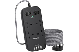 HANYCONY Black Extension Lead, Extension Cable with 4 Way Outlets 4 USB Slots(1 USB C), Surge Protected Extension Cord with Double Switches, Plug Extension Socket 1.8M for Home Office Travel Accessories