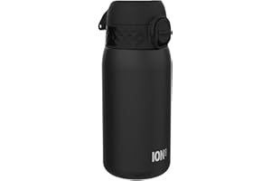 ION8 Butelka na Wodę dla Dzieci ze Lekki Stali, 400 ml/13 oz, Nieocieplany, Szczelna, Łatwa do Otwarcia, Bezpieczny Zamek, Można Myć w Zmywarce, Składany Uchwyt, Łatwa w Czyszczeniu, Czarny