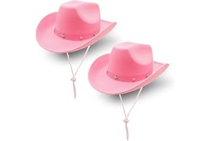 AEGISTUS 2 Pcs Cowboy Hat for Women, Western Cowgirl Hat With Adjustable Drawstring, Outdoor Felt Wide Brimmed Hat, Wild West Fancy Dress Accessory, Pink